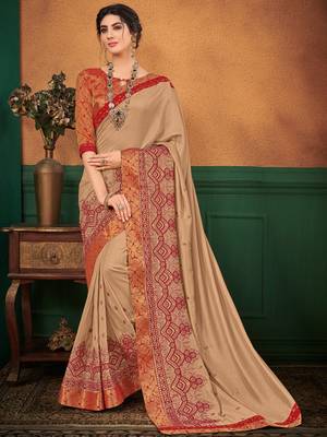 Beige embroidered silk saree with blouse 1