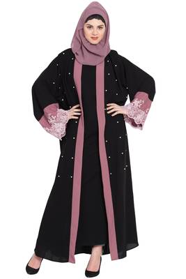 Nazneen  Contrast Band And Lace Pearls Embroidered Dubai Kaftan 3