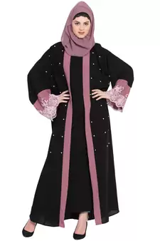 Nazneen  Contrast Band And Lace Pearls Embroidered Dubai Kaftan