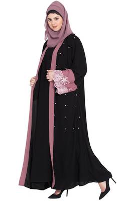 Nazneen  Contrast Band And Lace Pearls Embroidered Dubai Kaftan 4