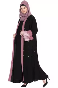 Nazneen  Contrast Band And Lace Pearls Embroidered Dubai Kaftan