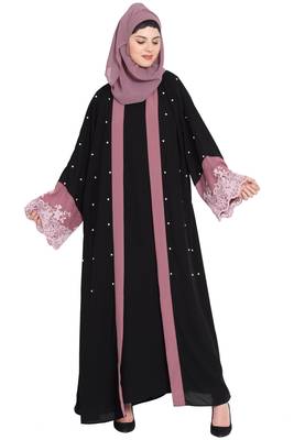 Nazneen  Contrast Band And Lace Pearls Embroidered Dubai Kaftan 5