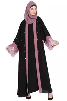 Nazneen  Contrast Band And Lace Pearls Embroidered Dubai Kaftan