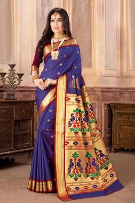 Blue Hand Woven Silk Blend Saree With Blouse 1