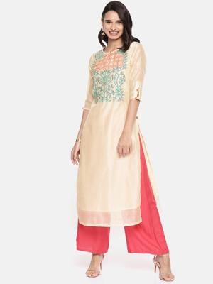 Beige embroidered chanderi ethnic kurtis 1