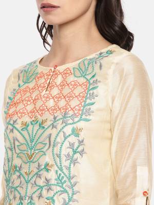 Beige embroidered chanderi ethnic kurtis 2