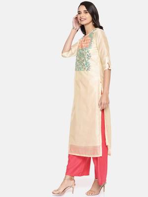 Beige embroidered chanderi ethnic kurtis 4