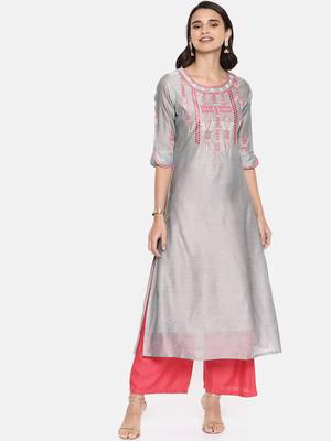 Grey embroidered chanderi ethnic kurtis 1
