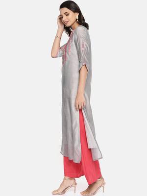 Grey embroidered chanderi ethnic kurtis 4