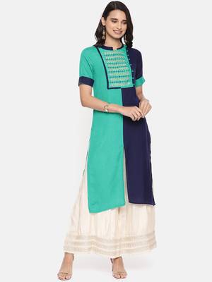 Turquoise embroidered viscose rayon ethnic kurtis 1