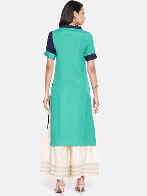Turquoise embroidered viscose rayon ethnic kurtis 3