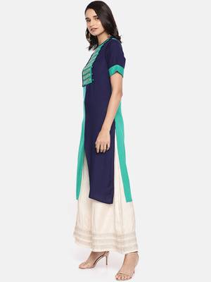 Turquoise embroidered viscose rayon ethnic kurtis 4