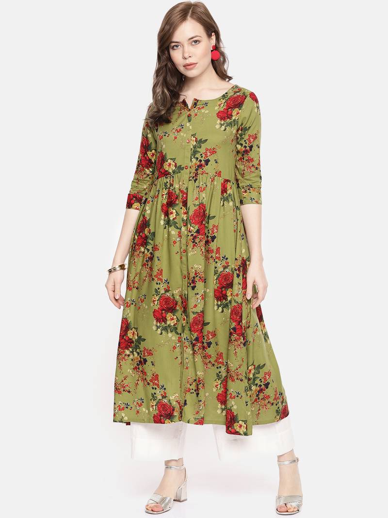 Green printed viscose rayon ethnic kurtis