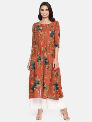 Orange printed viscose rayon ethnic kurtis 1