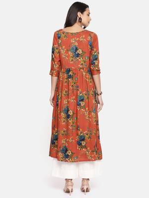 Orange printed viscose rayon ethnic kurtis 3