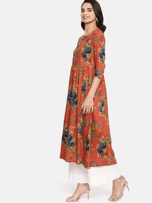 Orange printed viscose rayon ethnic kurtis 4