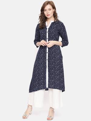 Navy blue printed viscose rayon ethnic kurtis 1