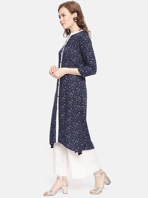 Navy blue printed viscose rayon ethnic kurtis 4