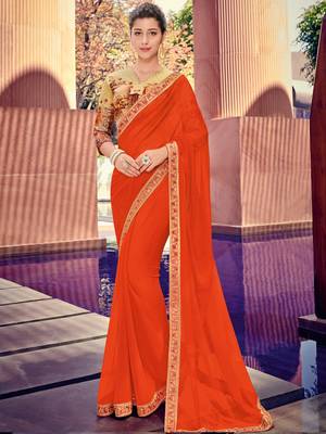 Orange embroidered chiffon saree with blouse 1