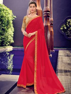Red embroidered chiffon saree with blouse 1