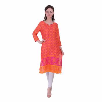 Orange Printed Viscose Kurti 1