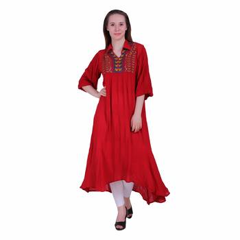 Red Embroidered Rayon Party Wear Kurti 1