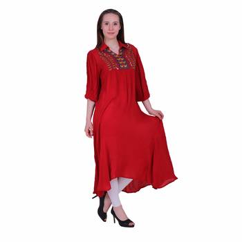 Red Embroidered Rayon Party Wear Kurti 2