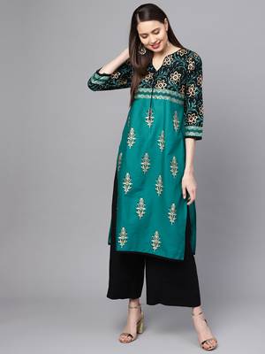 Green printed cotton long kurtis 1