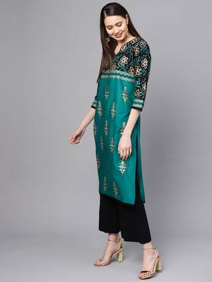 Green printed cotton long kurtis 2