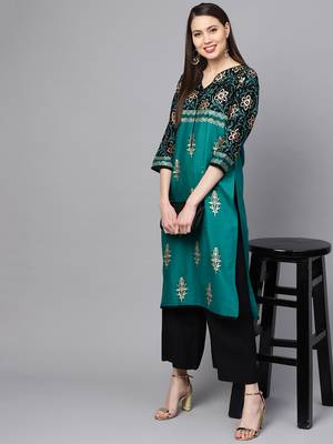 Green printed cotton long kurtis 3