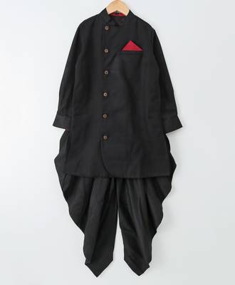 Black woven cotton poly boys sherwani 1