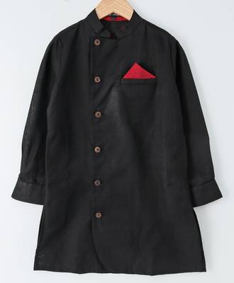 Black woven cotton poly boys sherwani 2