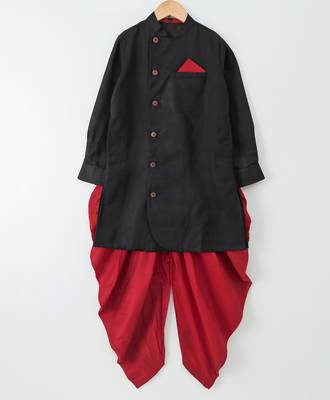 Black woven cotton poly boys sherwani 1