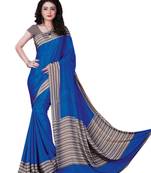 Blue printed silk blend saree with blouse