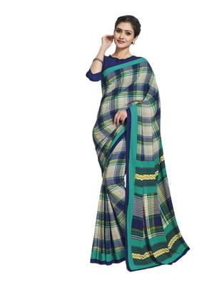 Cream printed poly cotton saree with blouse 1