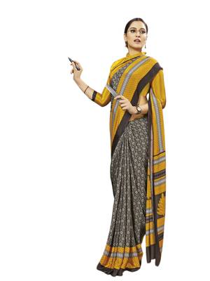 Grey printed silk blend saree with blouse 1