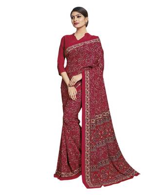 Red printed poly cotton saree with blouse 1
