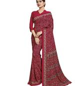 Red printed poly cotton saree with blouse