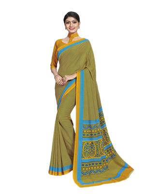 Yellow printed poly cotton saree with blouse 1