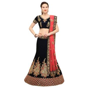 Blue Embroidered Velvet Semi Stitched Lehenga 1