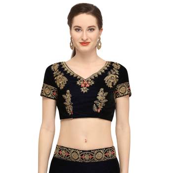 Blue Embroidered Velvet Semi Stitched Lehenga 3