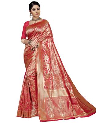 Pink woven art silk saree with blouse 1