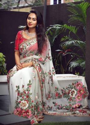 White embroidered georgette saree with blouse 1