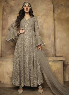 Grey Embroidered Net Anarkali With Dupatta 1