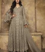 Grey Embroidered Net Anarkali With Dupatta