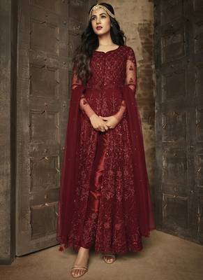 Maroon  Embroidered Net Anarkali Suit 1