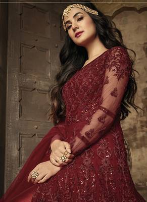 Maroon  Embroidered Net Anarkali Suit 2