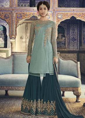 Aqua-Blue Embroidered Net Salwar 1
