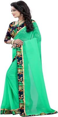Green Printed Georgette Saree With Blouse 2