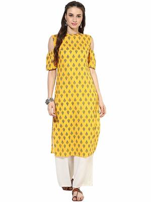 Yellow Cotton Cold Shoulder Ethnic Designer Kurti  1